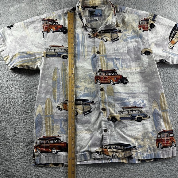 Aftco Hawaiian Shirt Mens Large AOP Vintage Cars‎ Blue Water Santa Monica Surf - Picture 9 of 11